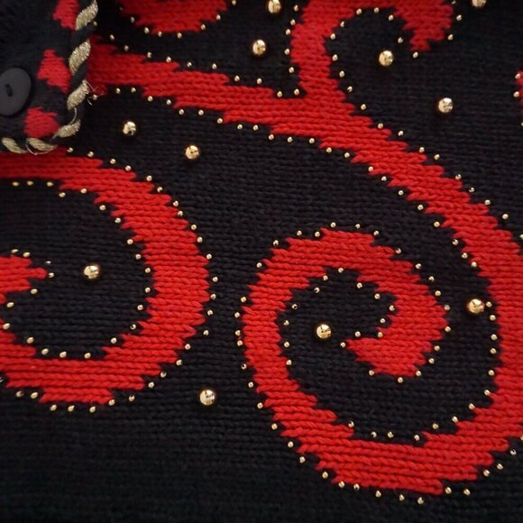 Vintage Gantos Black Knit Red Beaded Swirl Button Up Sweater M - Picture 10 of 13